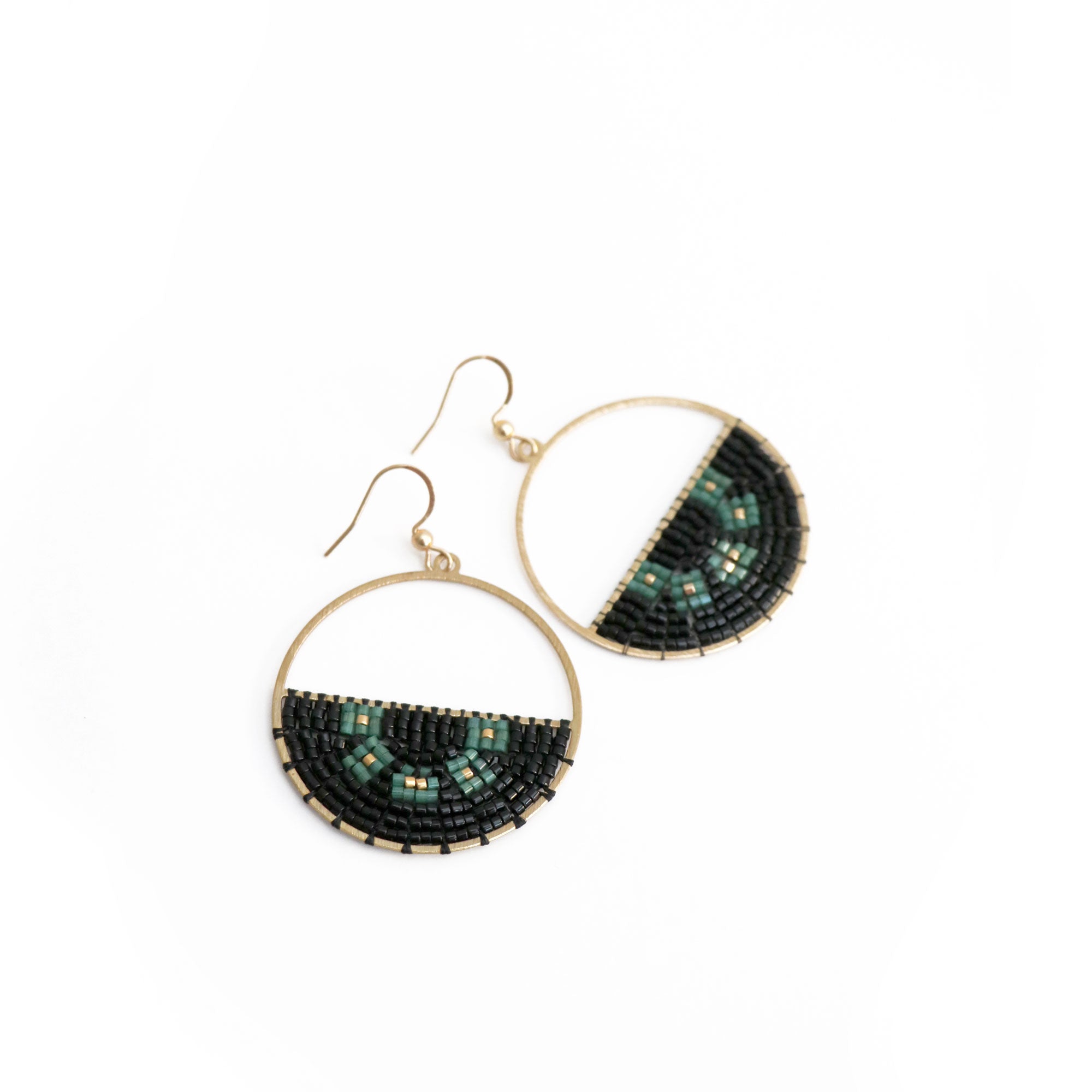 Black Emerald and Gold Beaded Disk Earrings