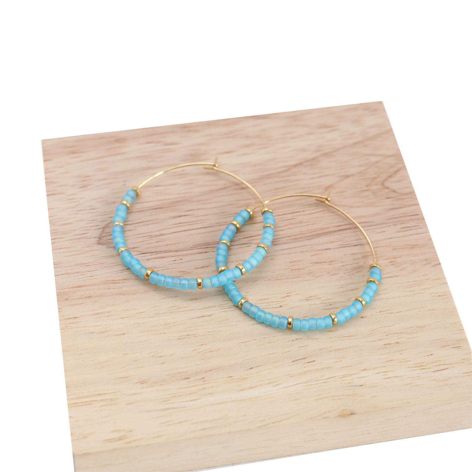 Aqua Blue Beaded Hoop Earrings