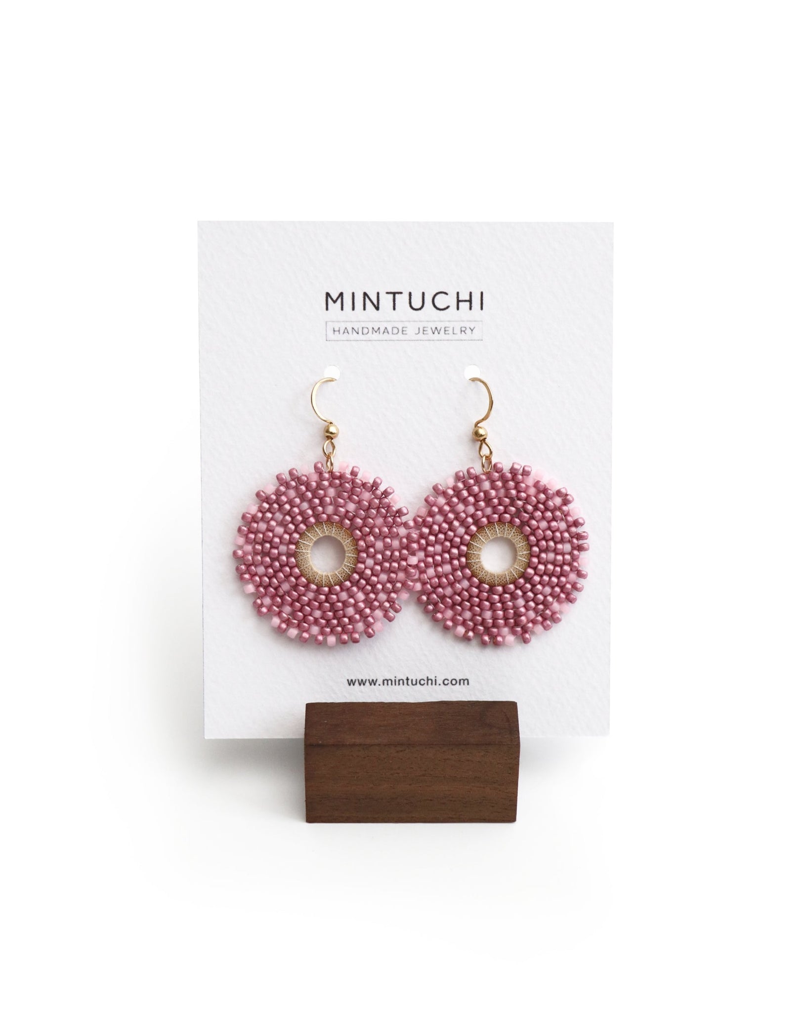 pink lilac beaded disk earrings